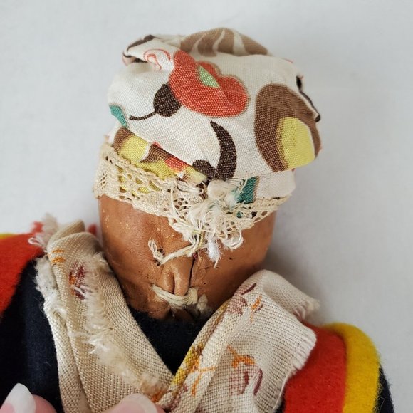 Vintage Handmade Composition 12" Doll Ethnic Woman Blue Red Dress Bonnet Cloth - Picture 10 of 10